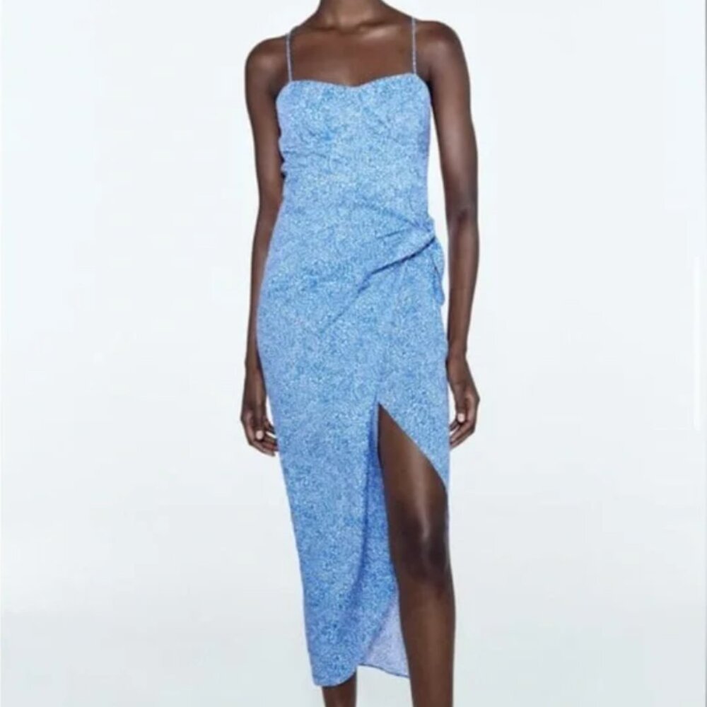 Zara Blue and White Wrap Midi Dress with Thin Straps - Size S